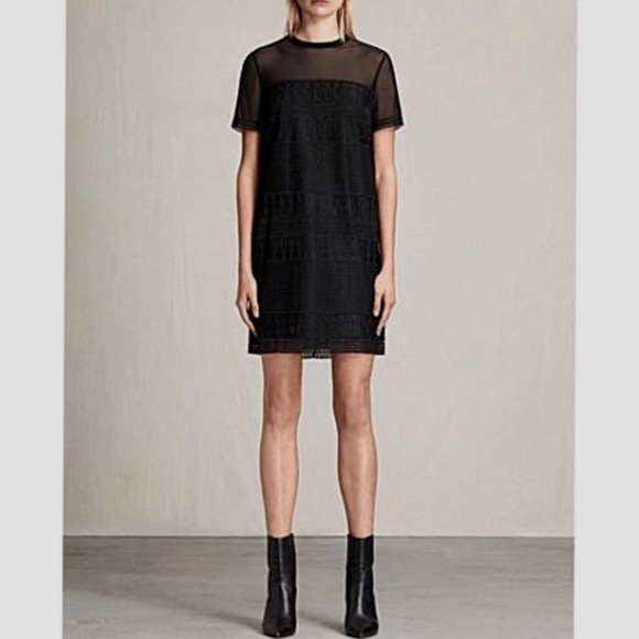 ALL SAINTS CHARLTON  MESH MINI DRESS IN BLACK - Picture 1 of 16